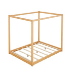Natural/White Low Canopy Platform Bed Frame, Pine Wood, Queen/King, 2-Person