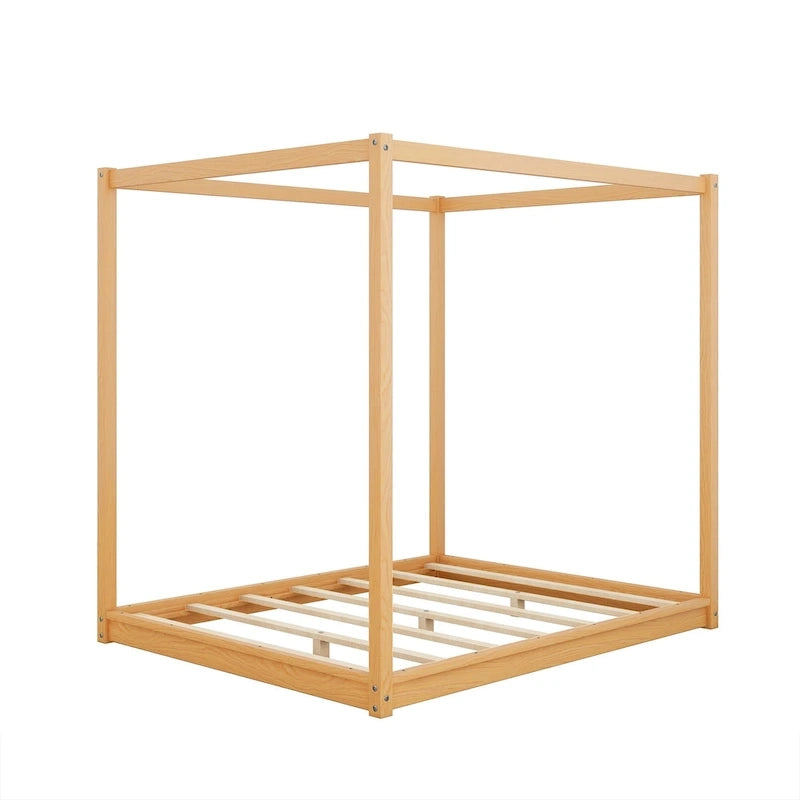Natural/White Low Canopy Platform Bed Frame, Pine Wood, Queen/King, 2-Person
