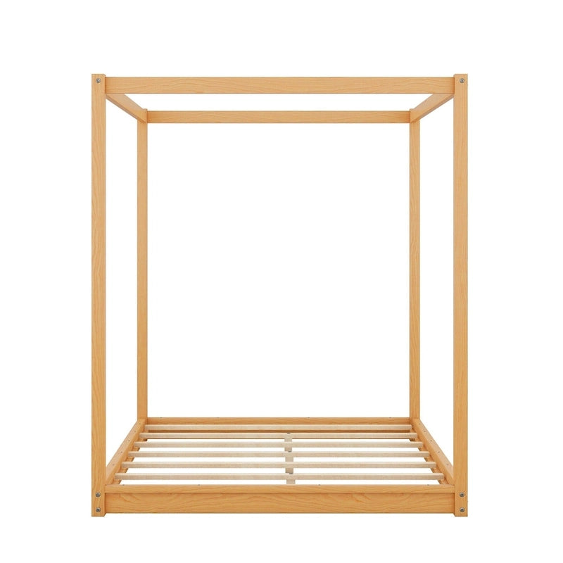 Natural/White Low Canopy Platform Bed Frame, Pine Wood, Queen/King, 2-Person