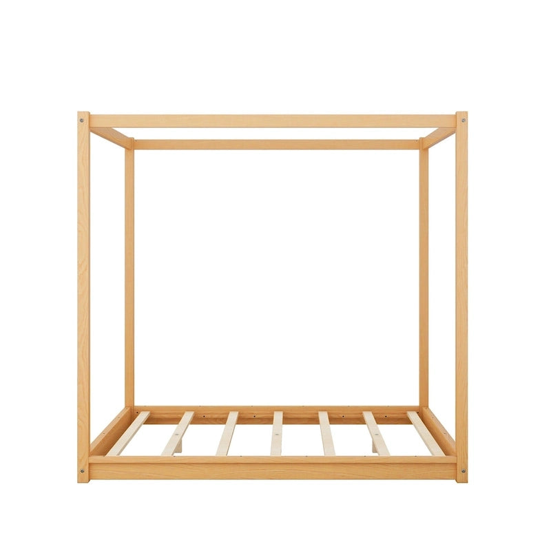 Natural/White Low Canopy Platform Bed Frame, Pine Wood, Queen/King, 2-Person