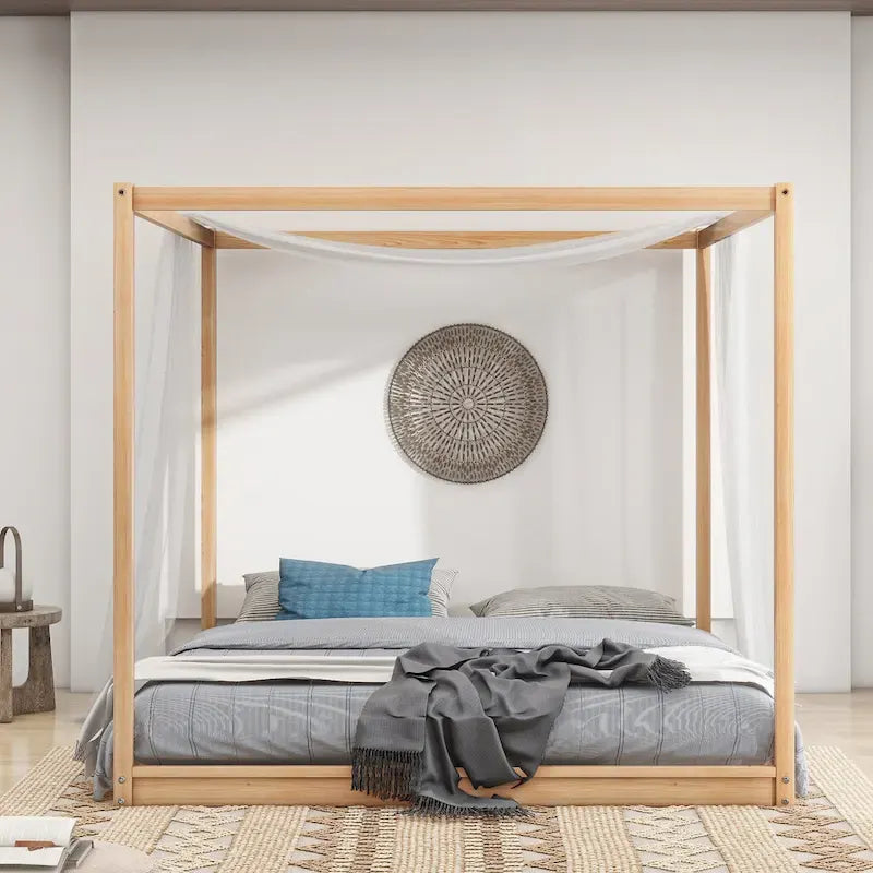 Natural/White Low Canopy Platform Bed Frame, Pine Wood, Queen/King, 2-Person