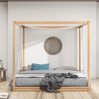 Natural/White Low Canopy Platform Bed Frame, Pine Wood, Queen/King, 2-Person