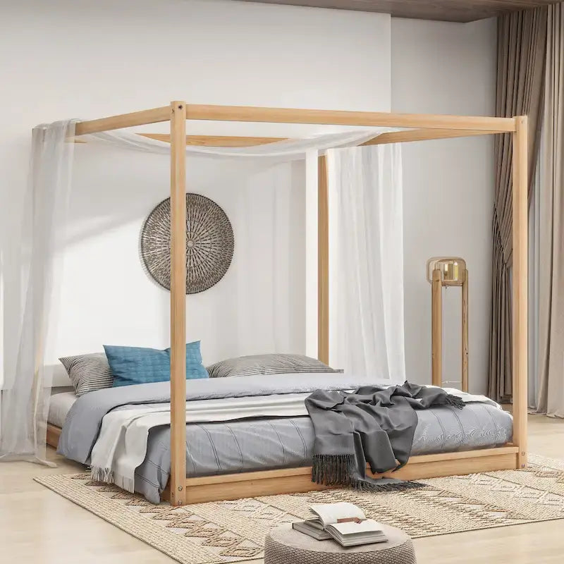 Natural/White Low Canopy Platform Bed Frame, Pine Wood, Queen/King, 2-Person