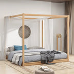 Natural/White Low Canopy Platform Bed Frame, Pine Wood, Queen/King, 2-Person