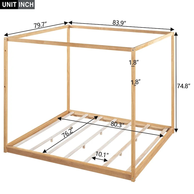 Natural/White Low Canopy Platform Bed Frame, Pine Wood, Queen/King, 2-Person