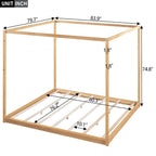 Natural/White Low Canopy Platform Bed Frame, Pine Wood, Queen/King, 2-Person