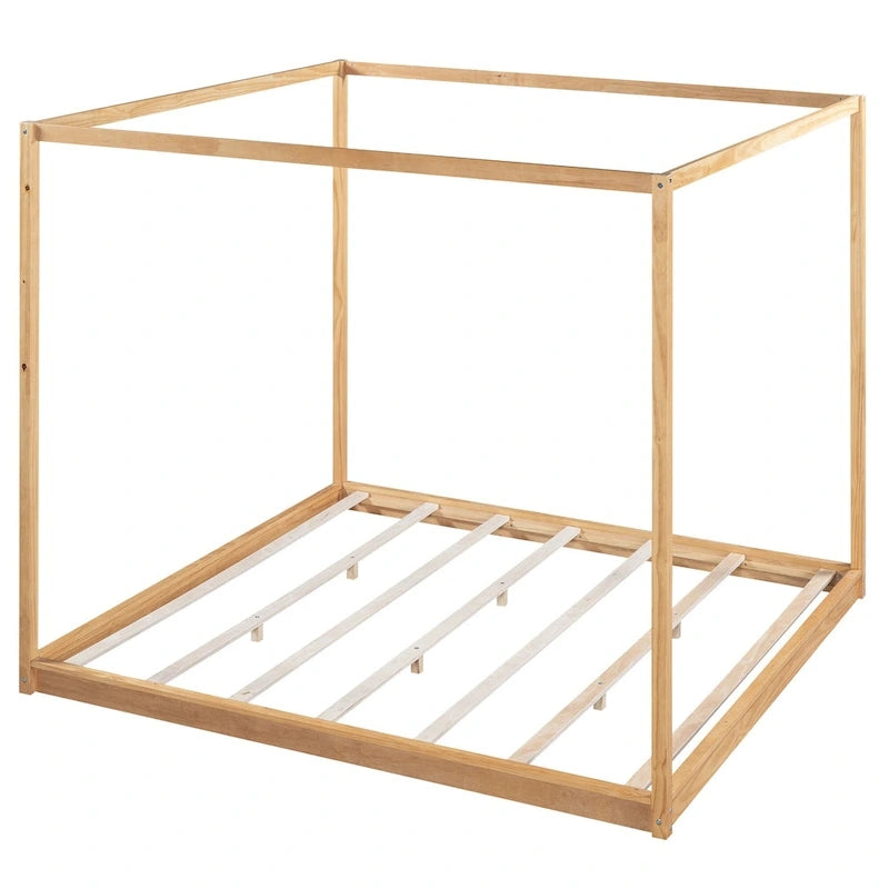 Natural/White Low Canopy Platform Bed Frame, Pine Wood, Queen/King, 2-Person