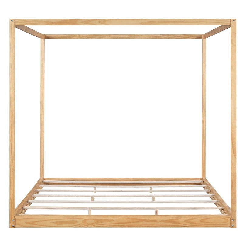Natural/White Low Canopy Platform Bed Frame, Pine Wood, Queen/King, 2-Person