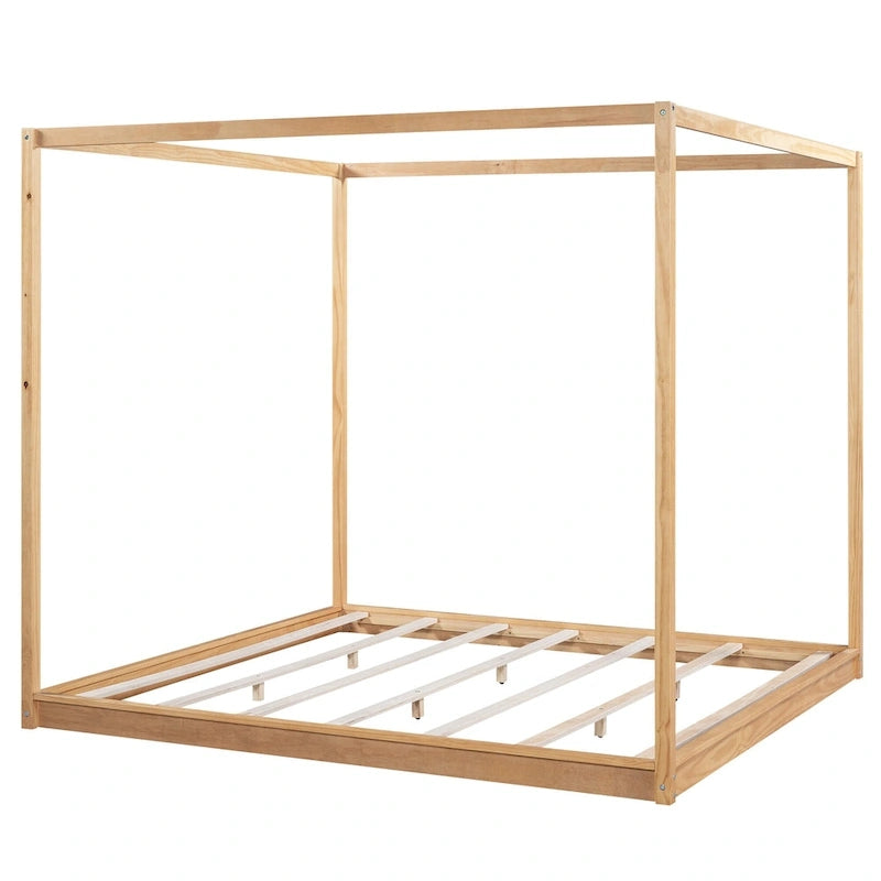 Natural/White Low Canopy Platform Bed Frame, Pine Wood, Queen/King, 2-Person