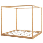 Natural/White Low Canopy Platform Bed Frame, Pine Wood, Queen/King, 2-Person