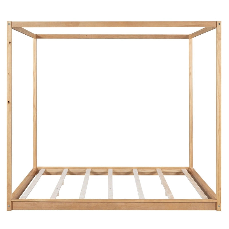Natural/White Low Canopy Platform Bed Frame, Pine Wood, Queen/King, 2-Person
