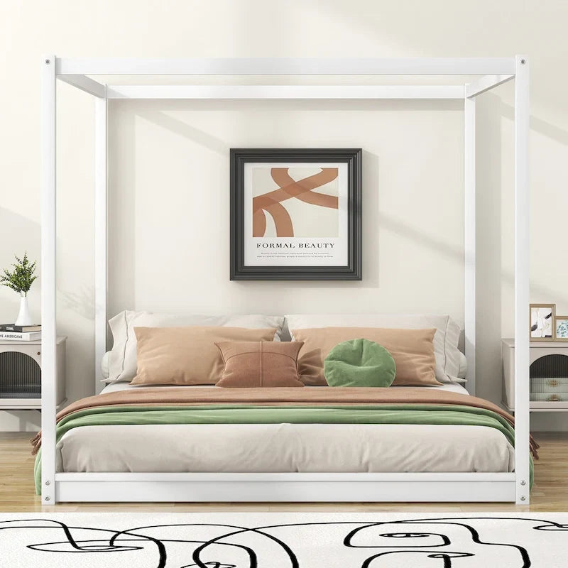 Natural/White Low Canopy Platform Bed Frame, Pine Wood, Queen/King, 2-Person