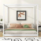 Natural/White Low Canopy Platform Bed Frame, Pine Wood, Queen/King, 2-Person