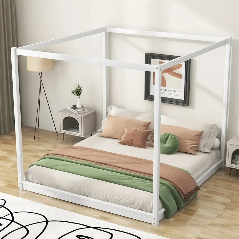 Natural/White Low Canopy Platform Bed Frame, Pine Wood, Queen/King, 2-Person