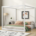 Natural/White Low Canopy Platform Bed Frame, Pine Wood, Queen/King, 2-Person