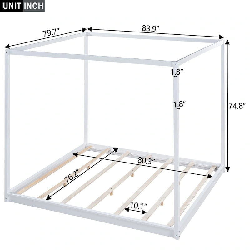Natural/White Low Canopy Platform Bed Frame, Pine Wood, Queen/King, 2-Person