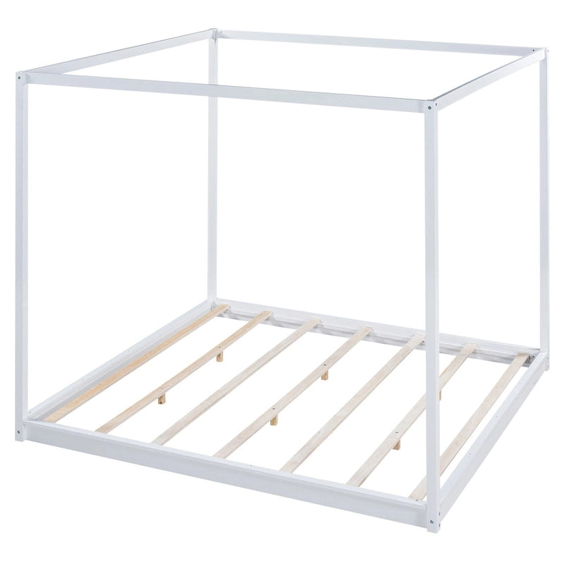 Natural/White Low Canopy Platform Bed Frame, Pine Wood, Queen/King, 2-Person