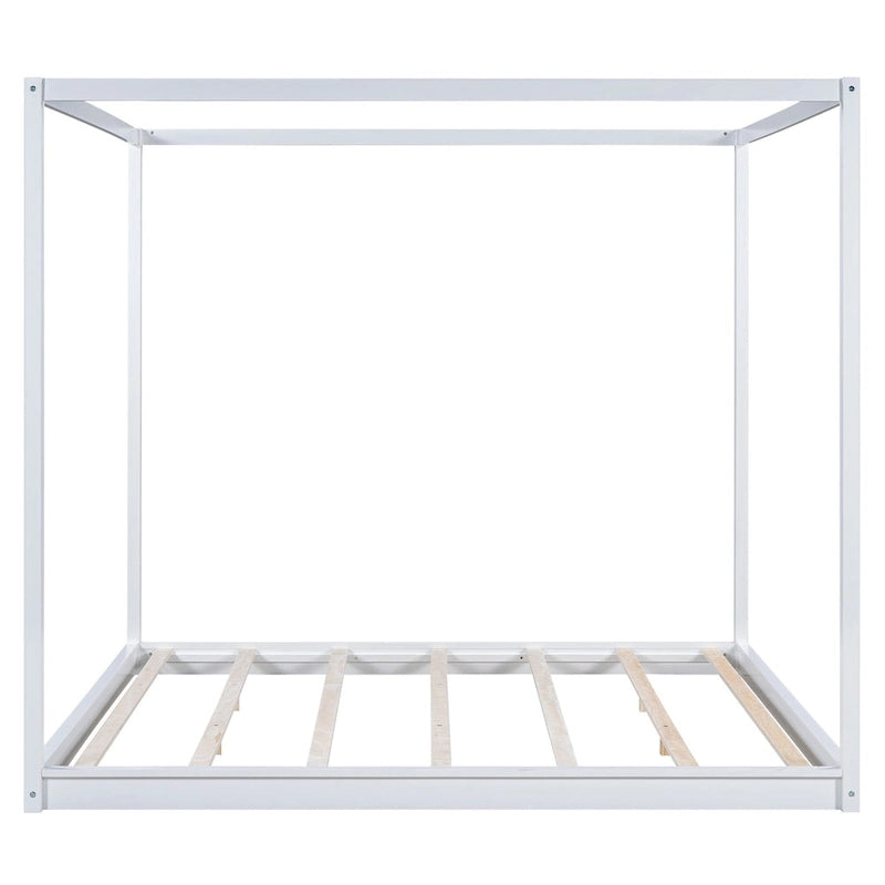 Natural/White Low Canopy Platform Bed Frame, Pine Wood, Queen/King, 2-Person