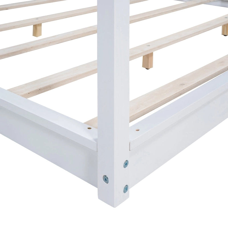 Natural/White Low Canopy Platform Bed Frame, Pine Wood, Queen/King, 2-Person