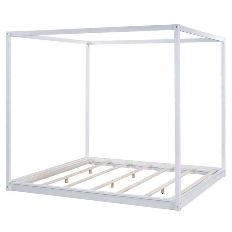 Natural/White Low Canopy Platform Bed Frame, Pine Wood, Queen/King, 2-Person