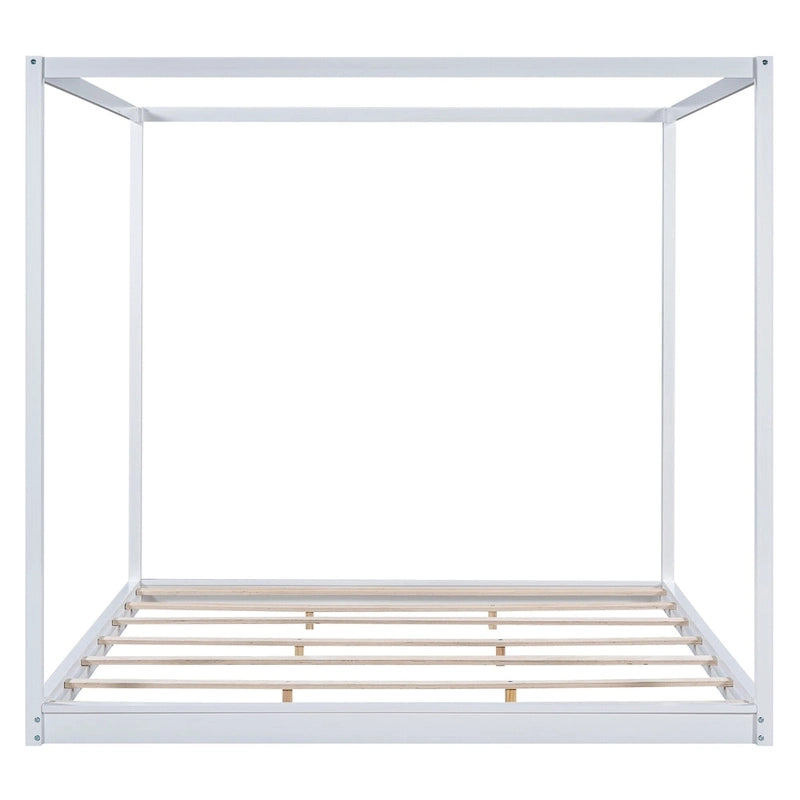 Natural/White Low Canopy Platform Bed Frame, Pine Wood, Queen/King, 2-Person