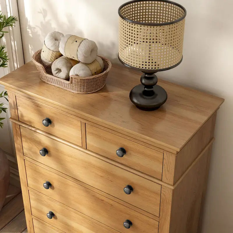 Natural Oak 5-Drawer Chest, Farmhouse Style, Single