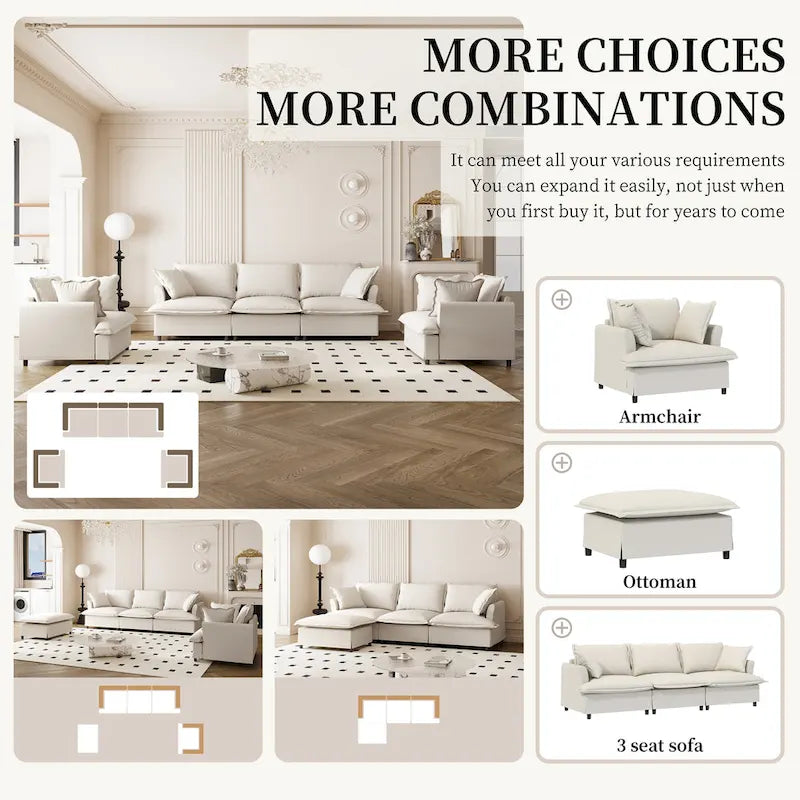 Beige / Gray Chenille Modular Sectional Sofa, 3-Seater + 2 Armchairs, Seats 5