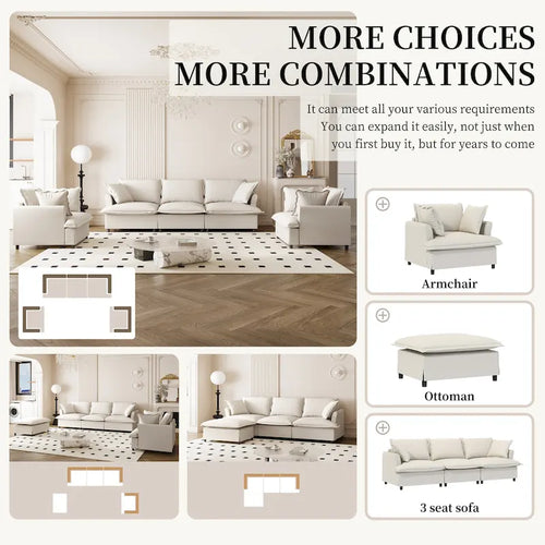 Beige / Gray Chenille Modular Sectional Sofa, 3-Seater + 2 Armchairs, Seats 5