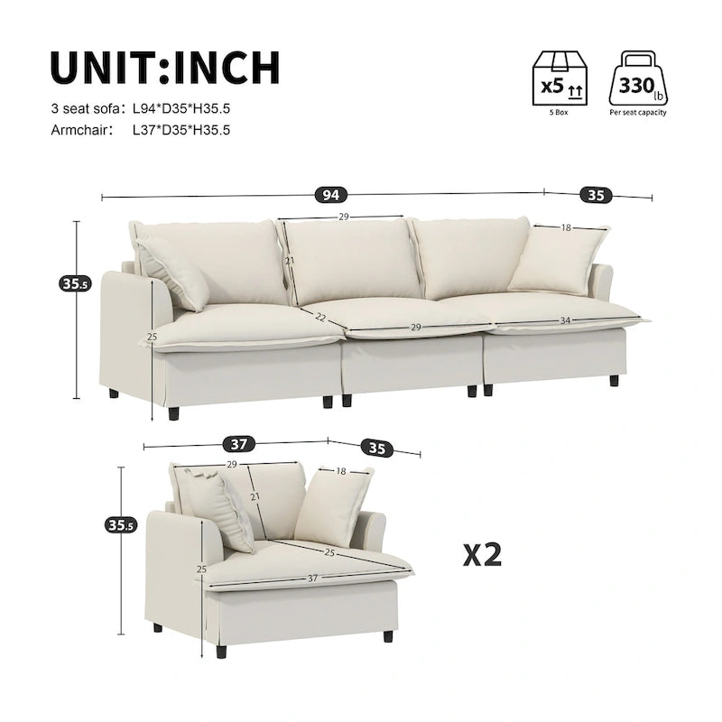 Beige / Gray Chenille Modular Sectional Sofa, 3-Seater + 2 Armchairs, Seats 5