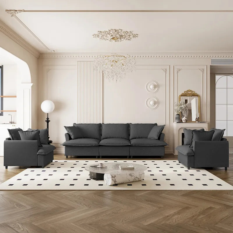 Beige / Gray Chenille Modular Sectional Sofa, 3-Seater + 2 Armchairs, Seats 5