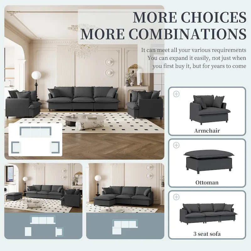 Beige / Gray Chenille Modular Sectional Sofa, 3-Seater + 2 Armchairs, Seats 5