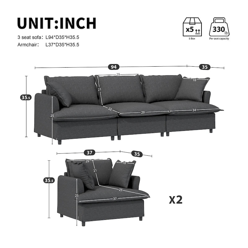 Beige / Gray Chenille Modular Sectional Sofa, 3-Seater + 2 Armchairs, Seats 5