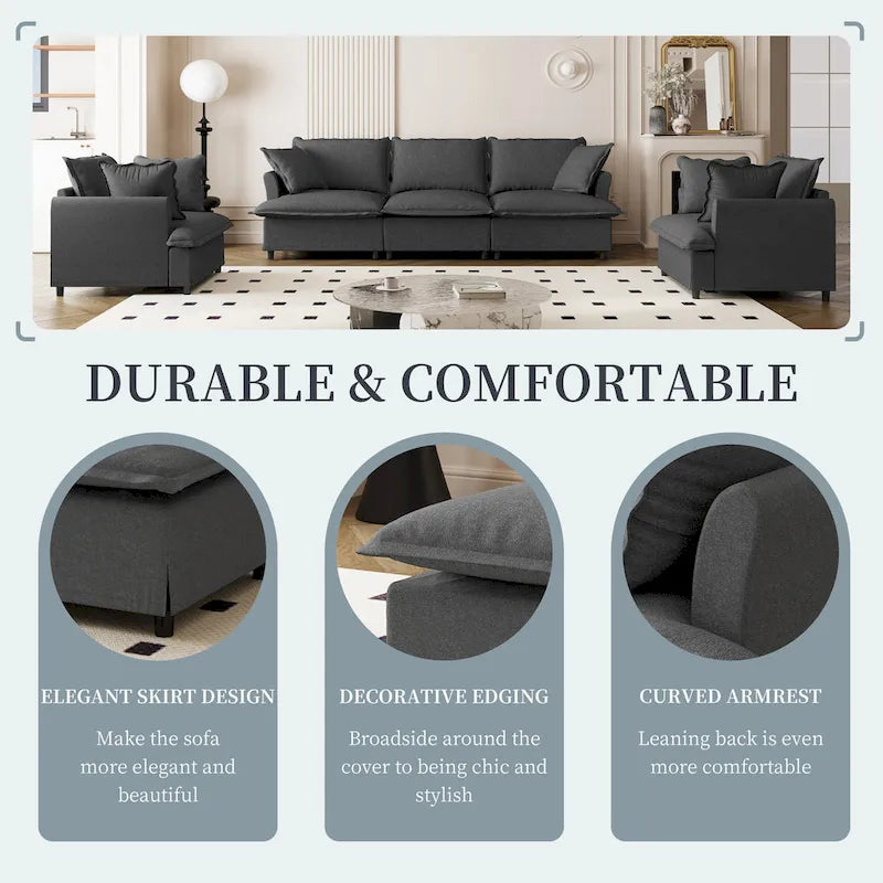 Beige / Gray Chenille Modular Sectional Sofa, 3-Seater + 2 Armchairs, Seats 5