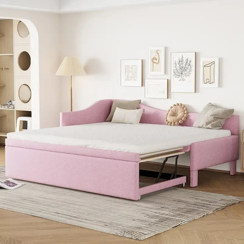 Pink Upholstered L-Shaped Daybed with Pop-Up Trundle, Twin, Sleeps 2