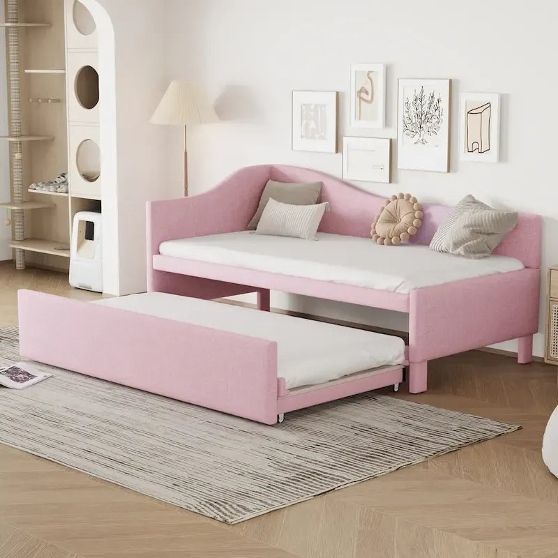 Pink Upholstered L-Shaped Daybed with Pop-Up Trundle, Twin, Sleeps 2
