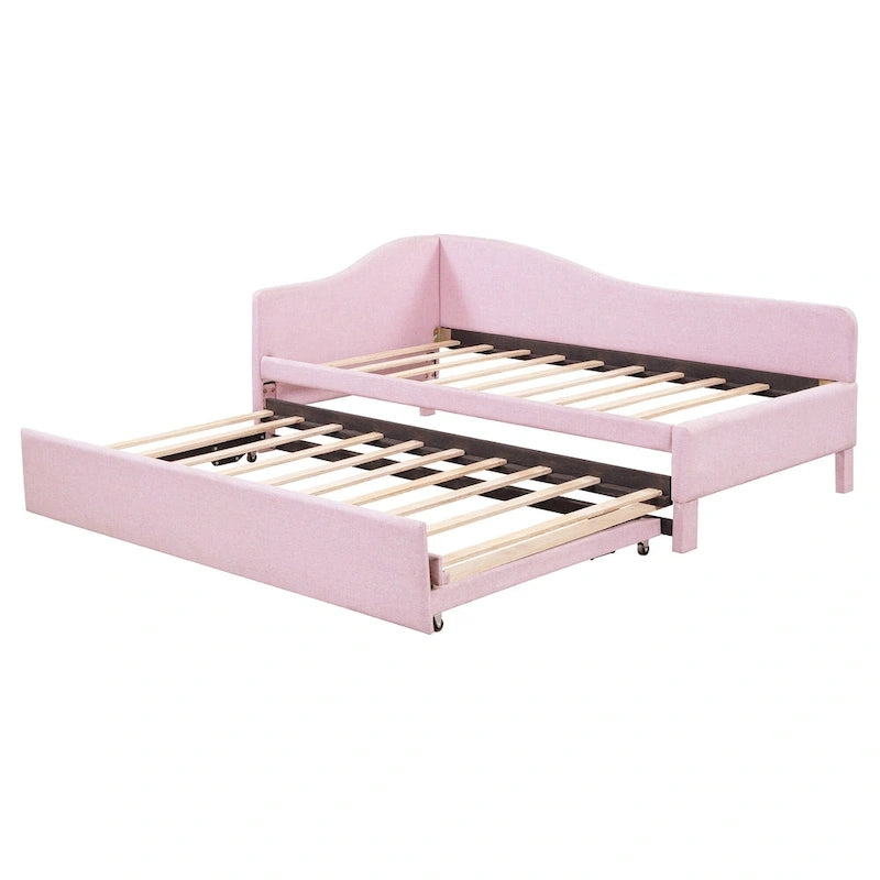 Pink Upholstered L-Shaped Daybed with Pop-Up Trundle, Twin, Sleeps 2