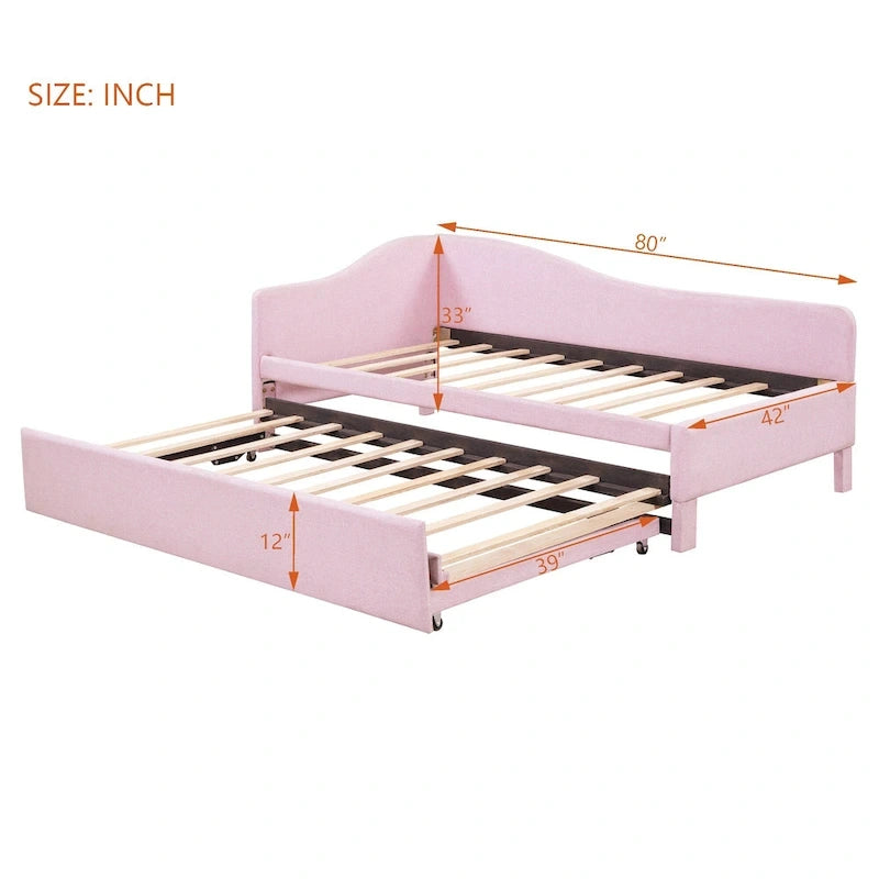 Pink Upholstered L-Shaped Daybed with Pop-Up Trundle, Twin, Sleeps 2