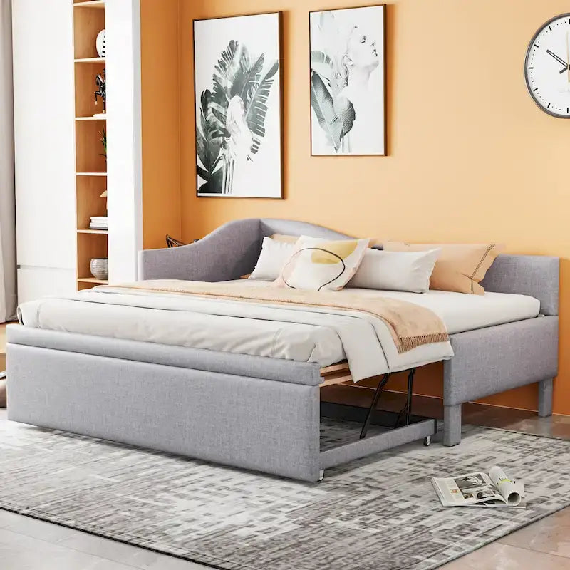 Pink Upholstered L-Shaped Daybed with Pop-Up Trundle, Twin, Sleeps 2