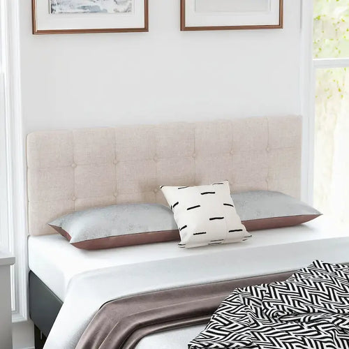 Beige Linen Button-Tufted Upholstered Headboard, Full/Queen, 1-Person