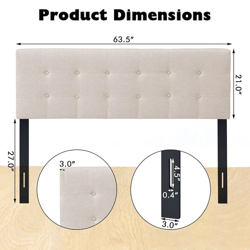 Beige Linen Button-Tufted Upholstered Headboard, Full/Queen, 1-Person