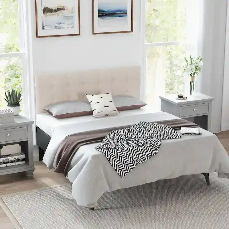 Beige Linen Button-Tufted Upholstered Headboard, Full/Queen, 1-Person