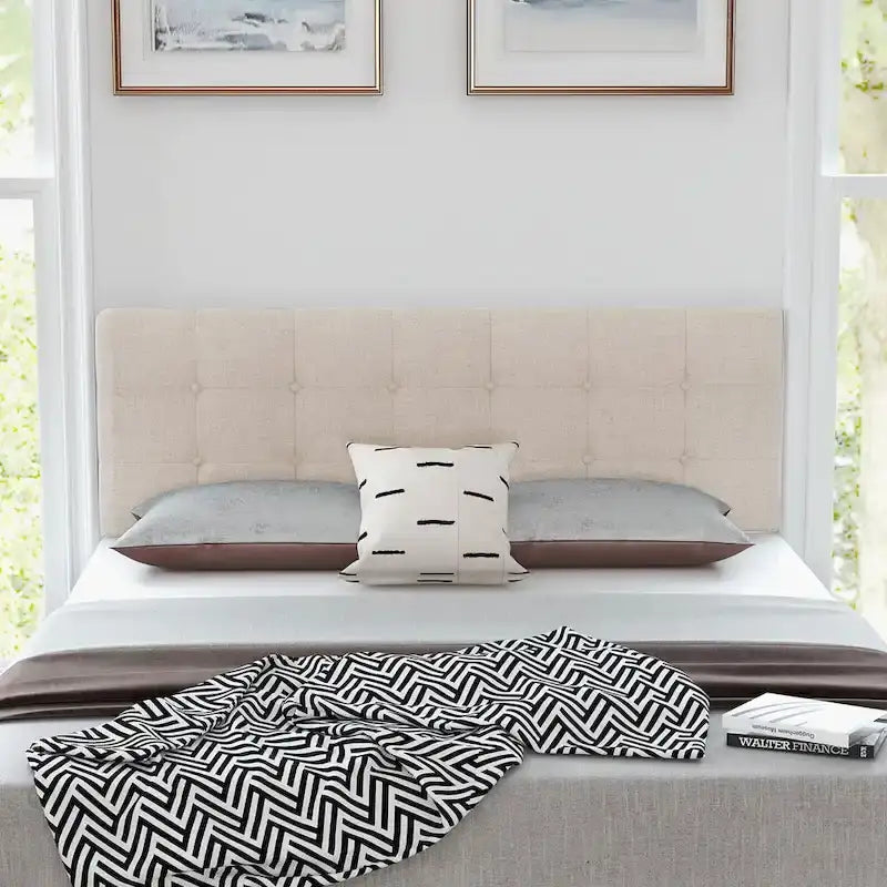 Beige Linen Button-Tufted Upholstered Headboard, Full/Queen, 1-Person