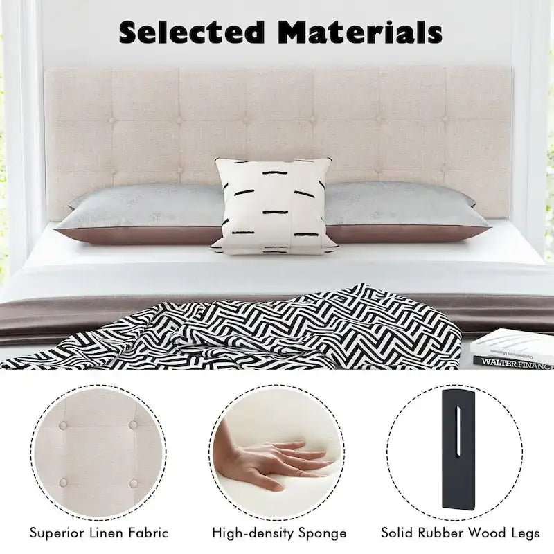 Beige Linen Button-Tufted Upholstered Headboard, Full/Queen, 1-Person