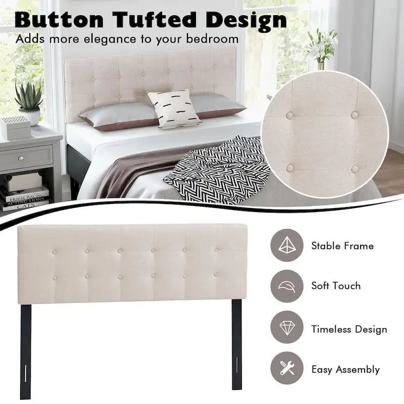 Beige Linen Button-Tufted Upholstered Headboard, Full/Queen, 1-Person