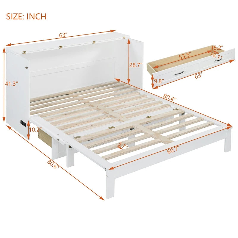 White / Gold / Gray Rattan Queen Wall Bed with Storage Drawers & USB Port – Foldable, 1-Person