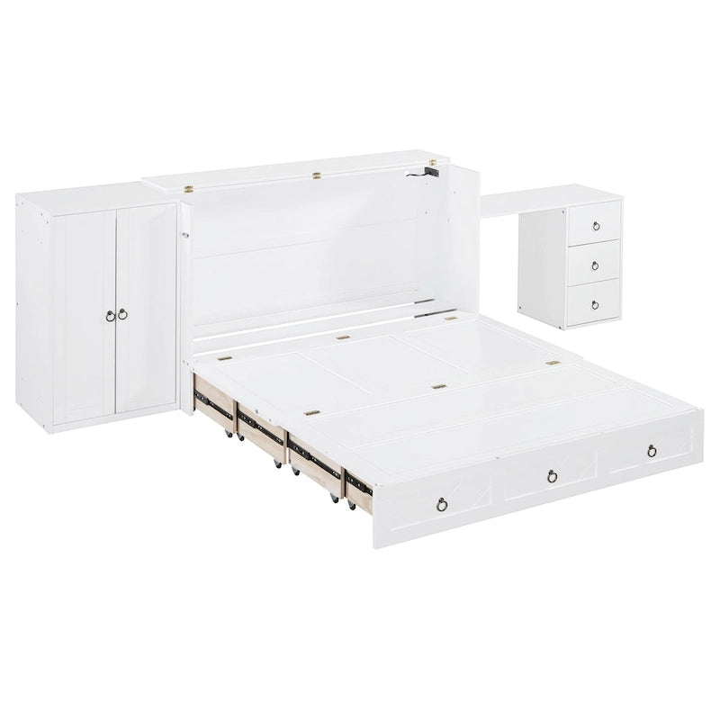 White Queen Murphy Bed with Desk, Drawer & USB Port, Sleeps 1