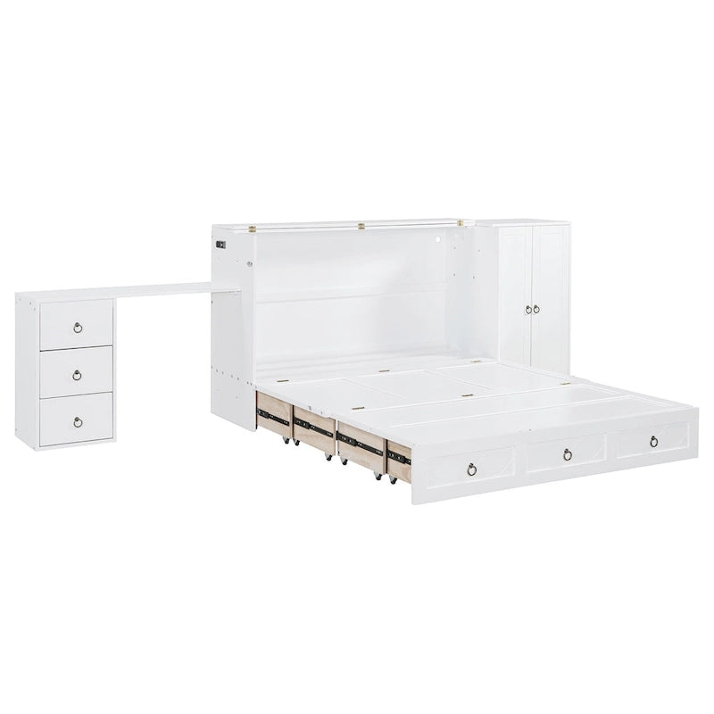 White Queen Murphy Bed with Desk, Drawer & USB Port, Sleeps 1
