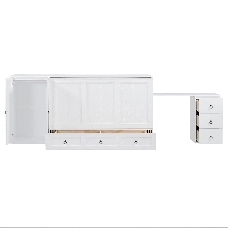 White Queen Murphy Bed with Desk, Drawer & USB Port, Sleeps 1