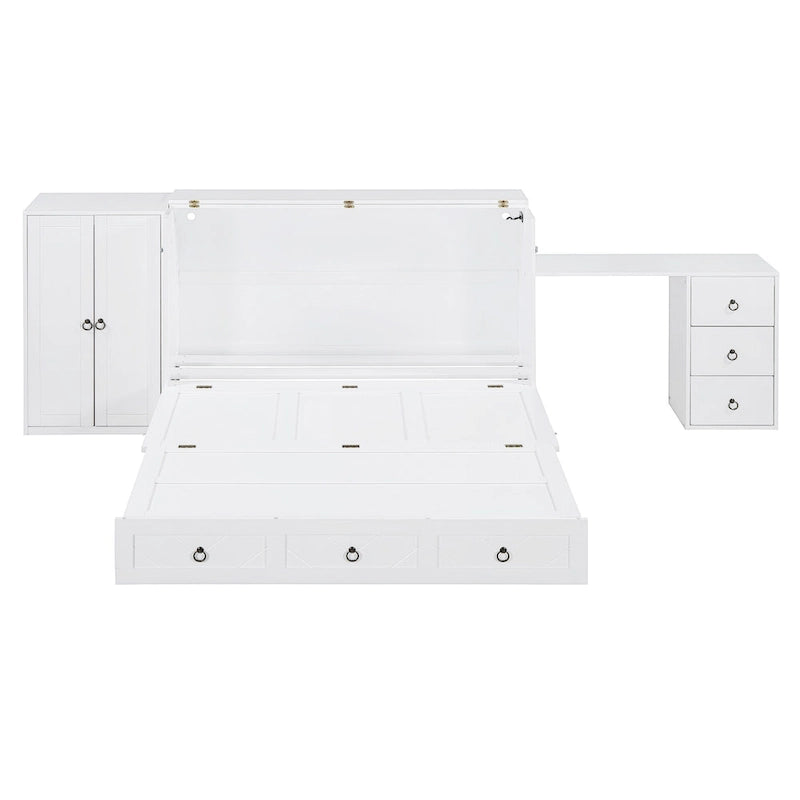 White Queen Murphy Bed with Desk, Drawer & USB Port, Sleeps 1