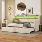Beige PU Leather Twin Daybed with Trundle, LED & Storage Headboard, Sleeps 1–2
